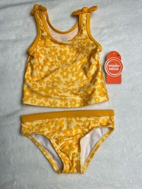 Wonder Nation Girls Baby Size 18M Swimsuit Bikini Yellow Orange Floral Bows Swim